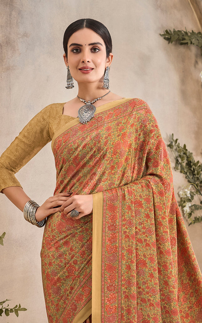 Flower Multi-Coloured Printed, Pure Italian Crape Saree (Mustard)