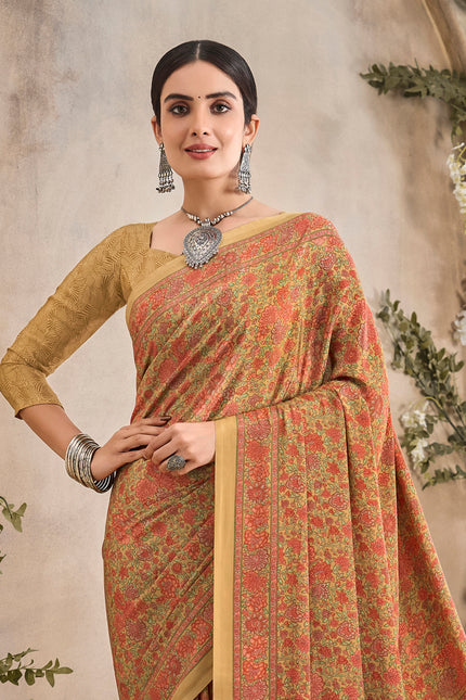 Flower Multi-Coloured Printed, Pure Italian Crape Saree (Mustard)
