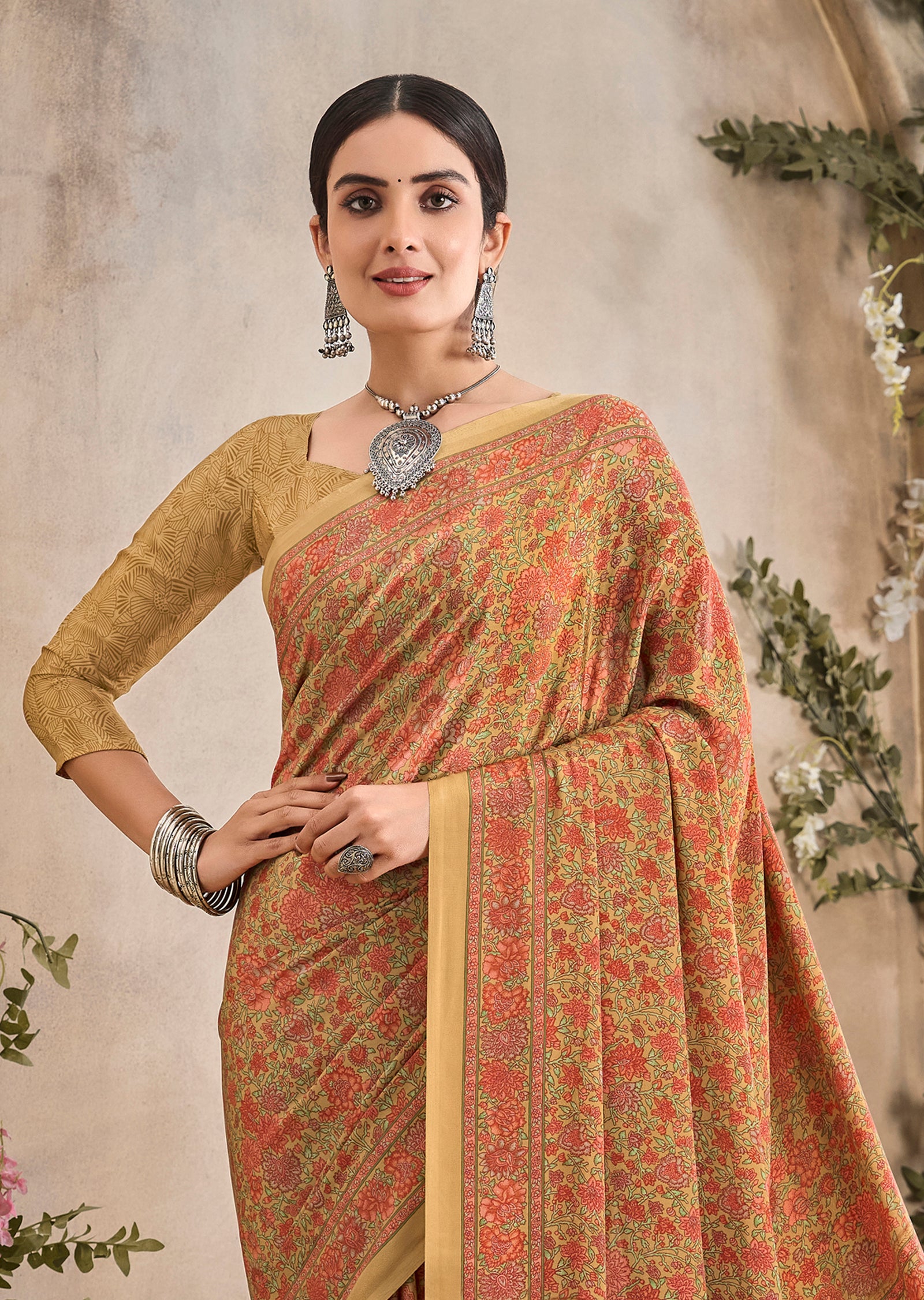 Multi-Coloured Flower Print Pure Italian Crape Saree (Mustard)