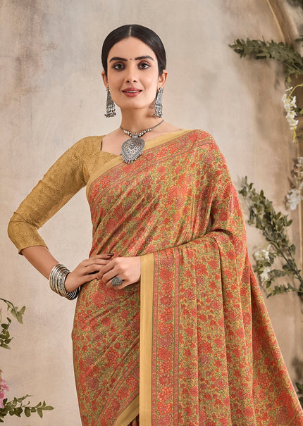Flower Multi-Coloured Printed, Pure Italian Crape Saree (Mustard)