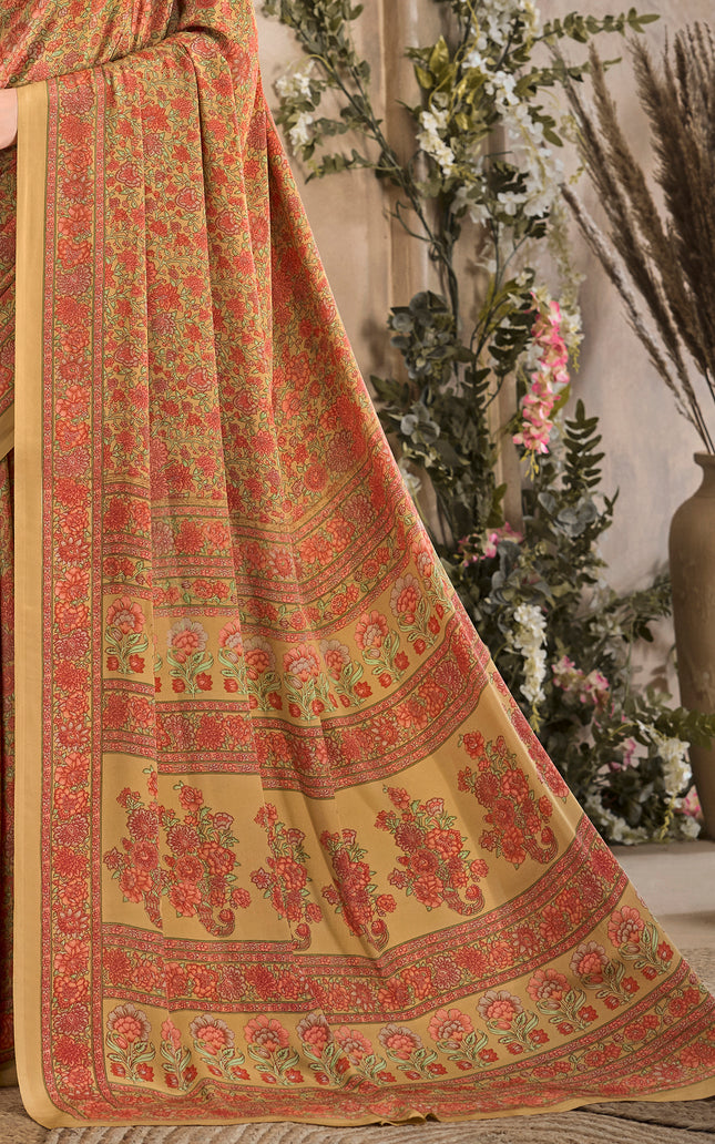 Flower Multi-Coloured Printed, Pure Italian Crape Saree (Mustard)