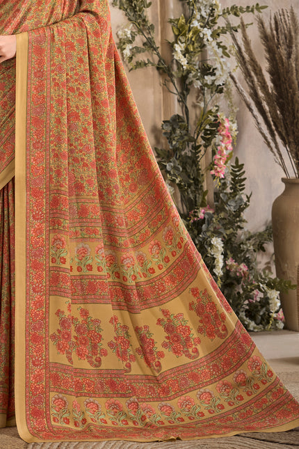 Flower Multi-Coloured Printed, Pure Italian Crape Saree (Mustard)