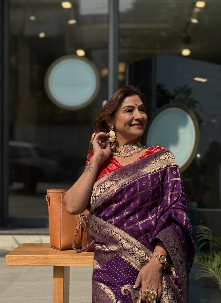 Indoniq Fashion's Banarasi Art Silk Weaving Saree with contrast Ready Patola Blouse