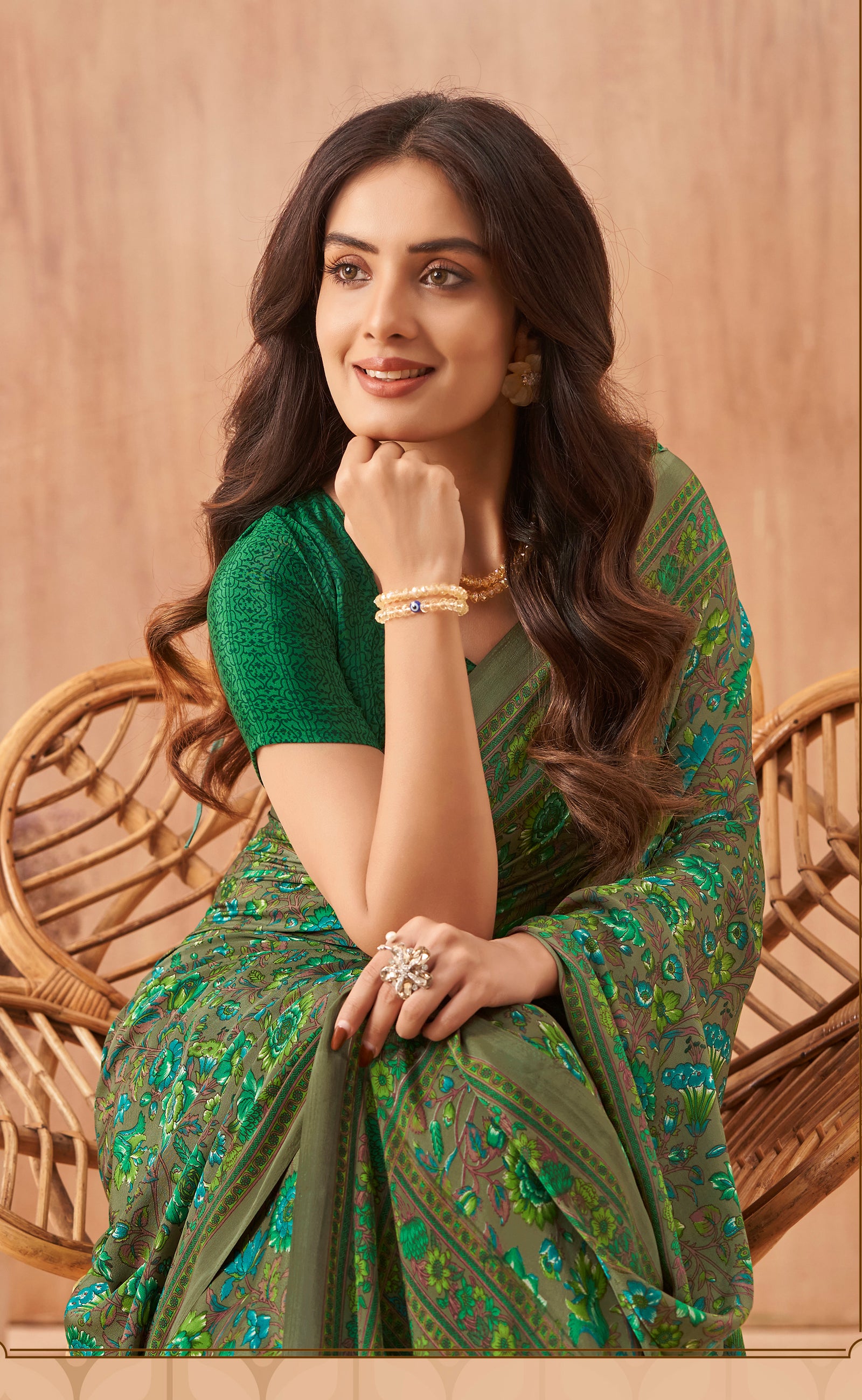 Multi-Coloured Flower Print Pure Italian Crape Saree (Green)
