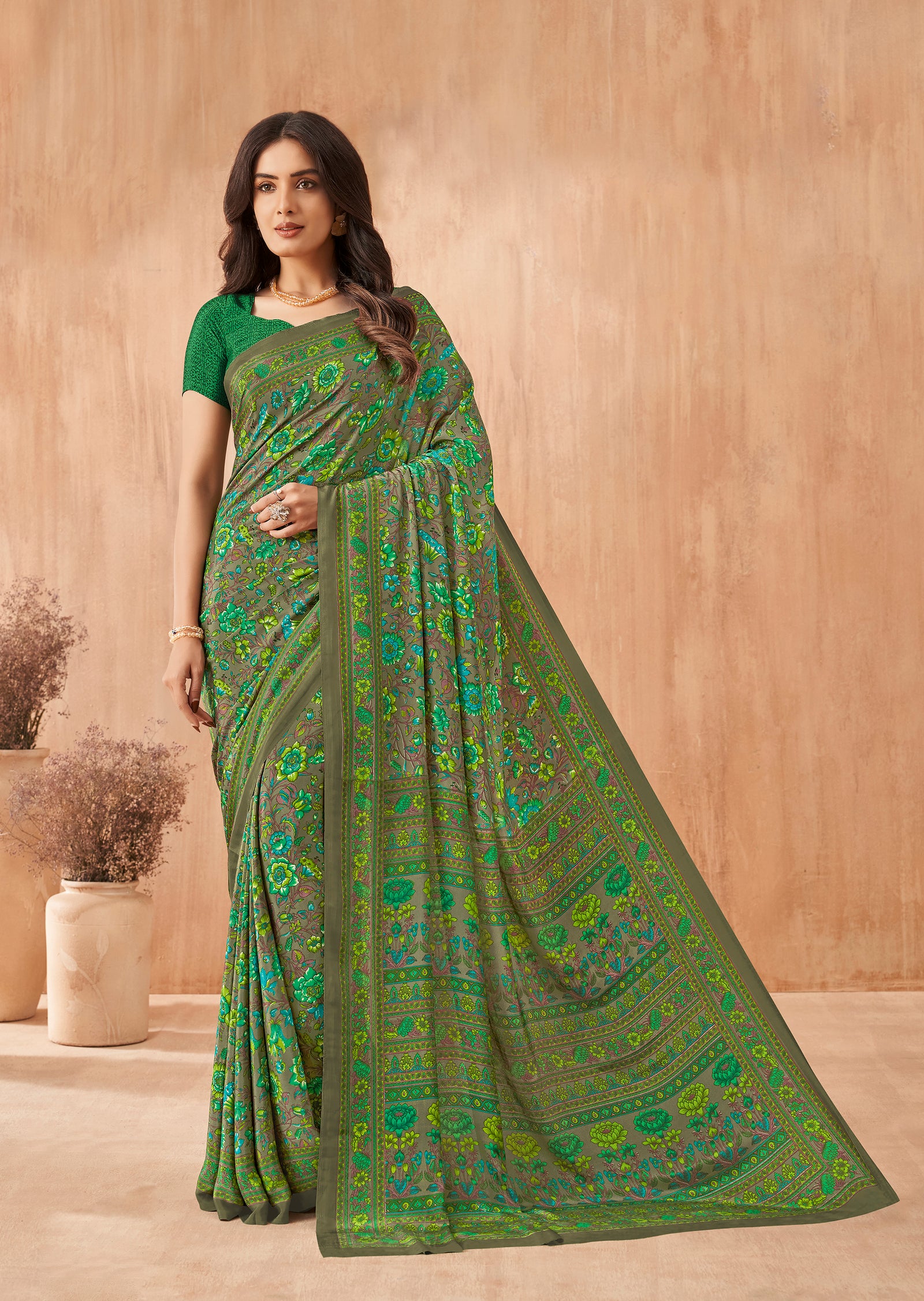 Multi-Coloured Flower Print Pure Italian Crape Saree (Green)