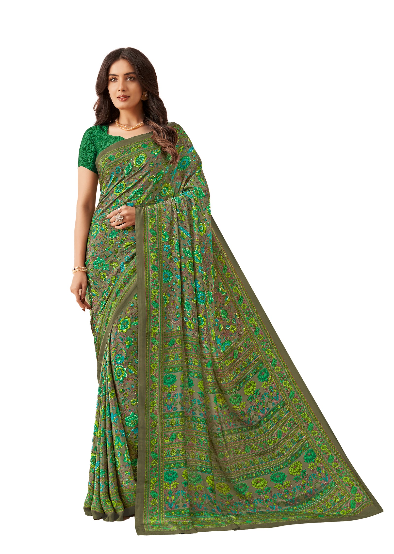 Multi-Coloured Flower Print Pure Italian Crape Saree (Green)