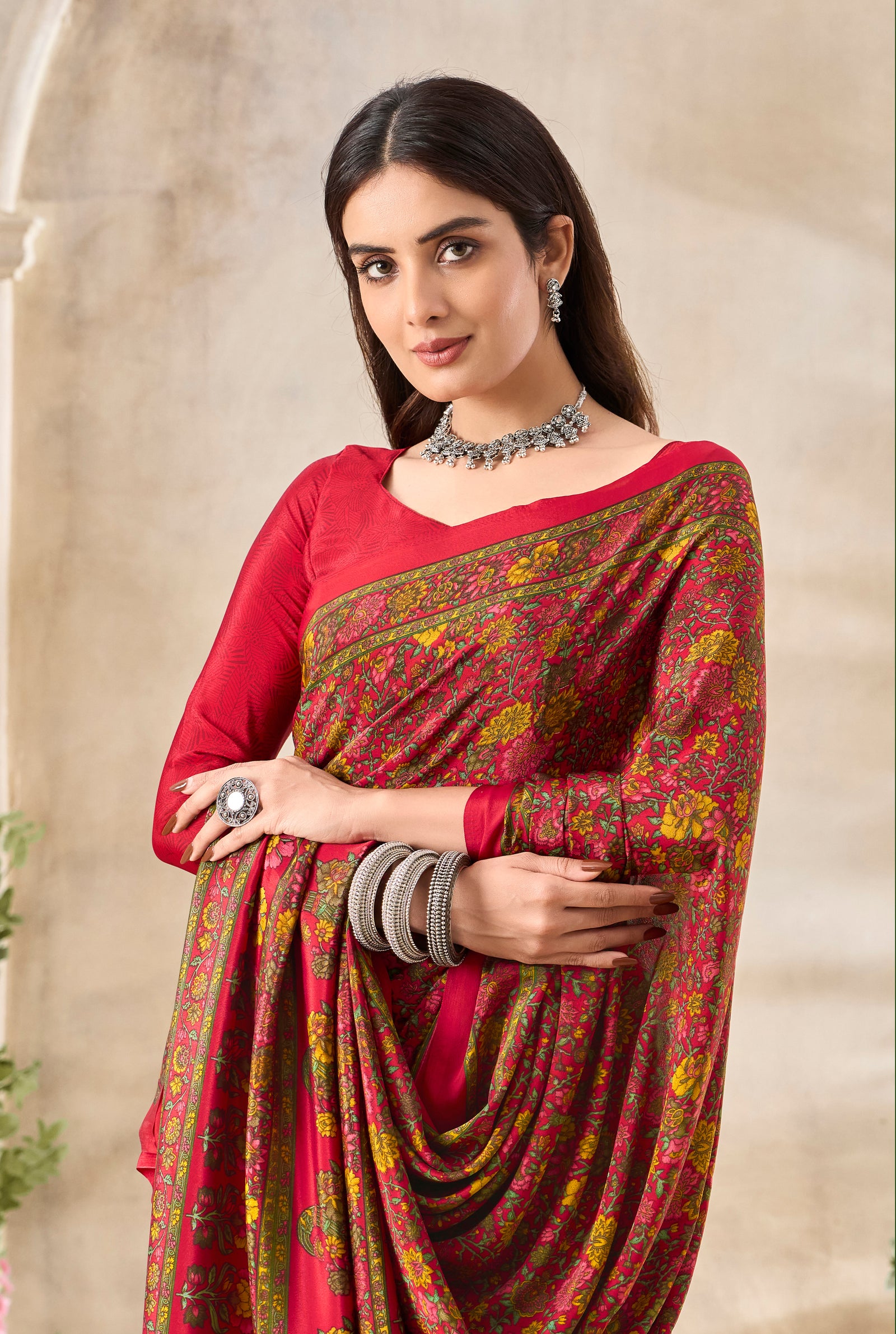 Multi-Coloured Flower Print Pure Italian Crape Saree (Red)