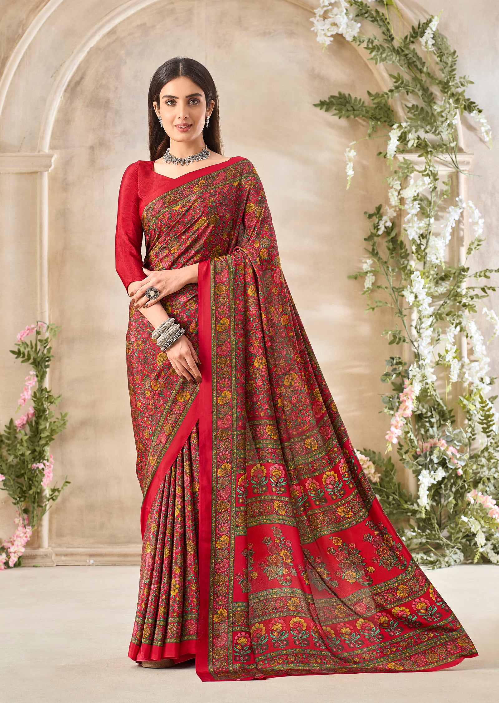 Multi-Coloured Flower Print Pure Italian Crape Saree (Red)