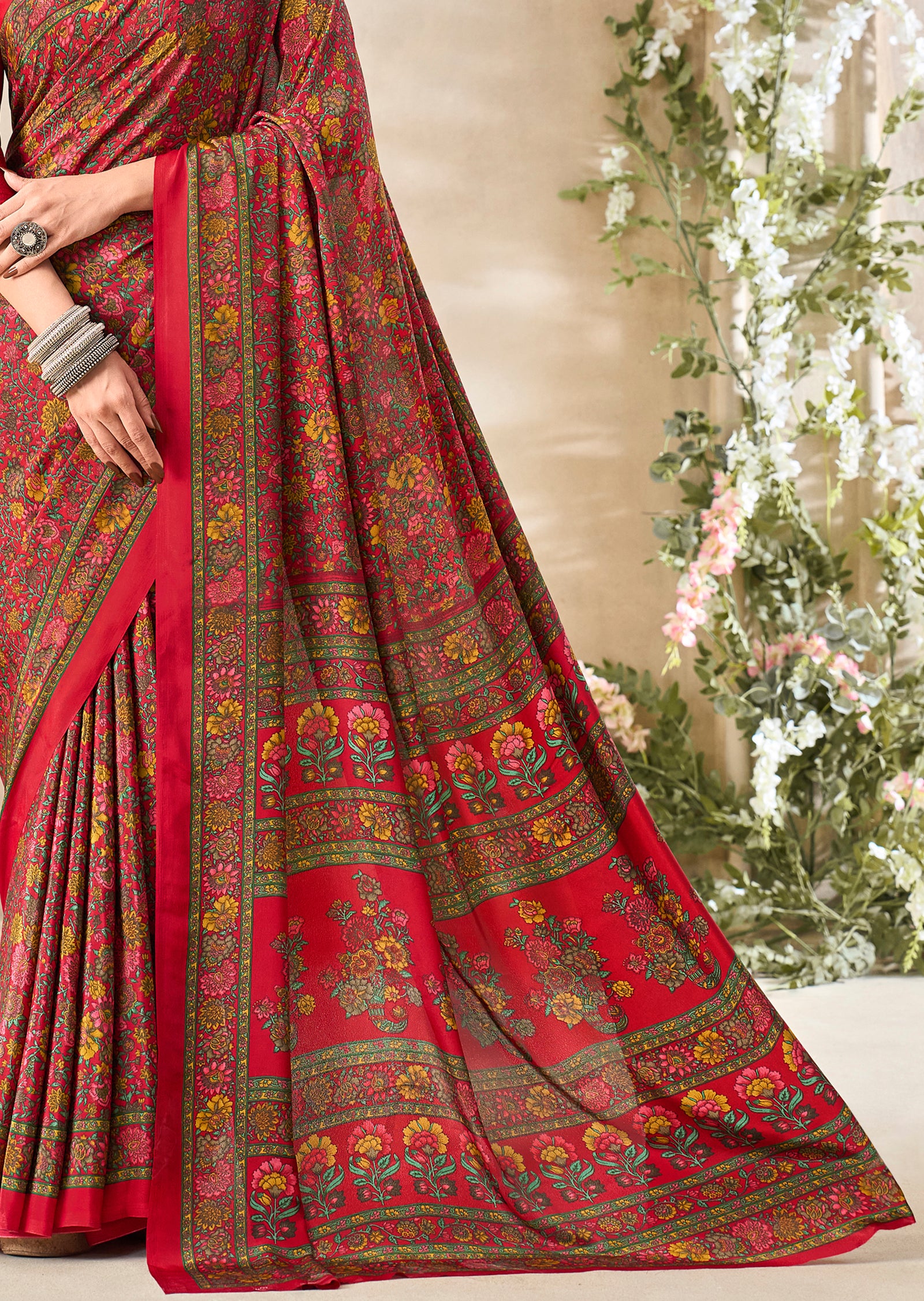 Multi-Coloured Flower Print Pure Italian Crape Saree (Red)