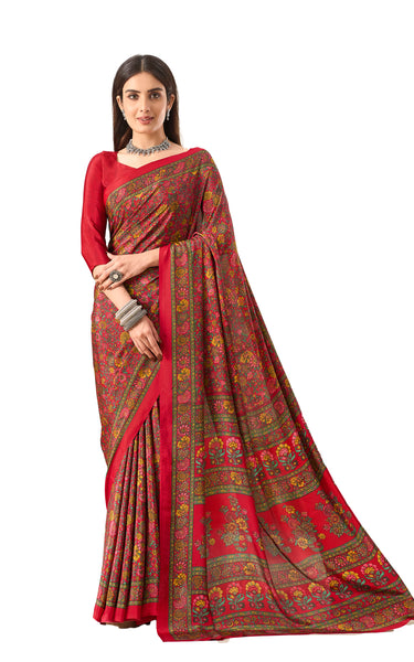 Flower Multi-Coloured Printed, Pure Italian Crape Saree (Red)