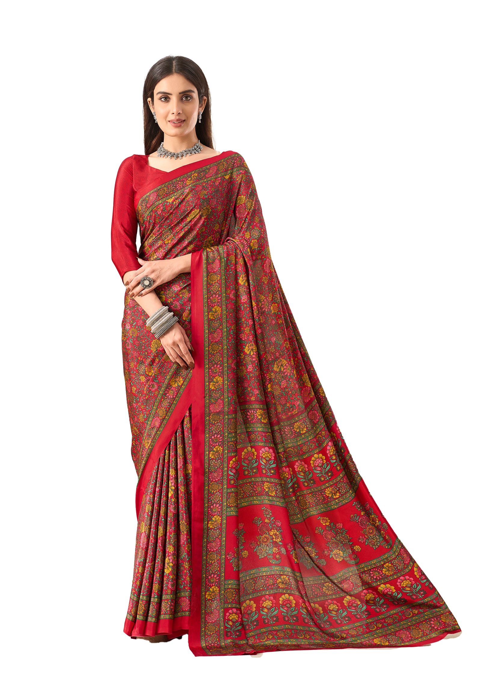Multi-Coloured Flower Print Pure Italian Crape Saree (Red)