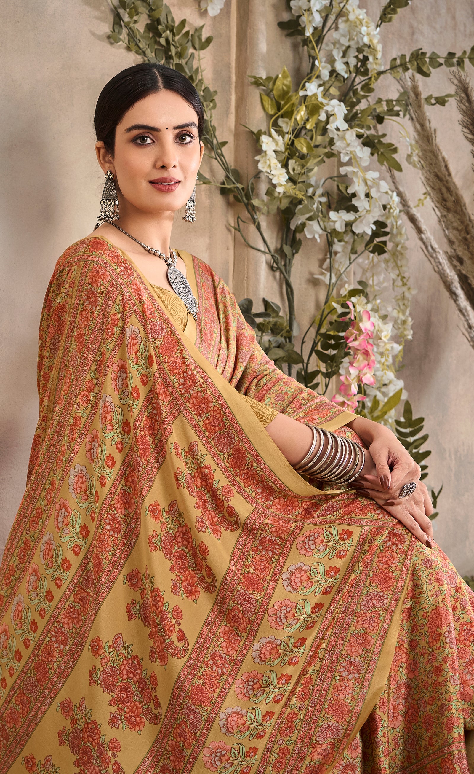 Multi-Coloured Flower Print Pure Italian Crape Saree (Mustard)