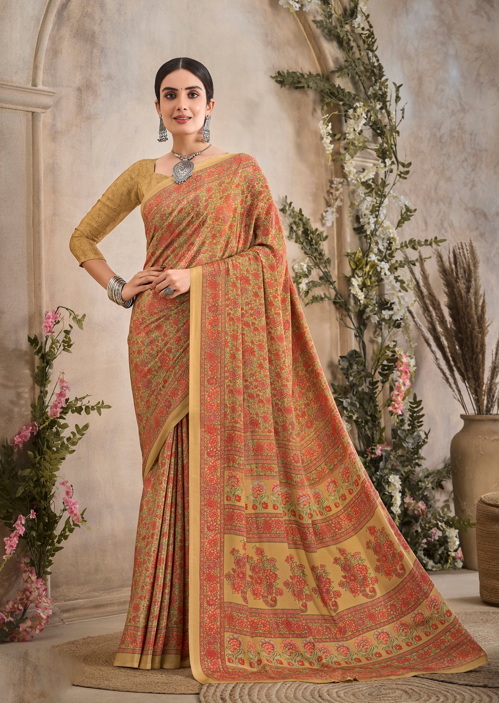 Multi-Coloured Flower Print Pure Italian Crape Saree (Mustard)