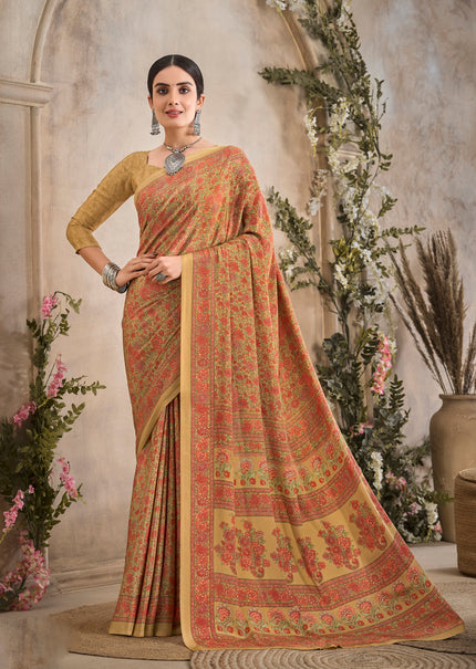 Flower Multi-Coloured Printed, Pure Italian Crape Saree (Mustard)