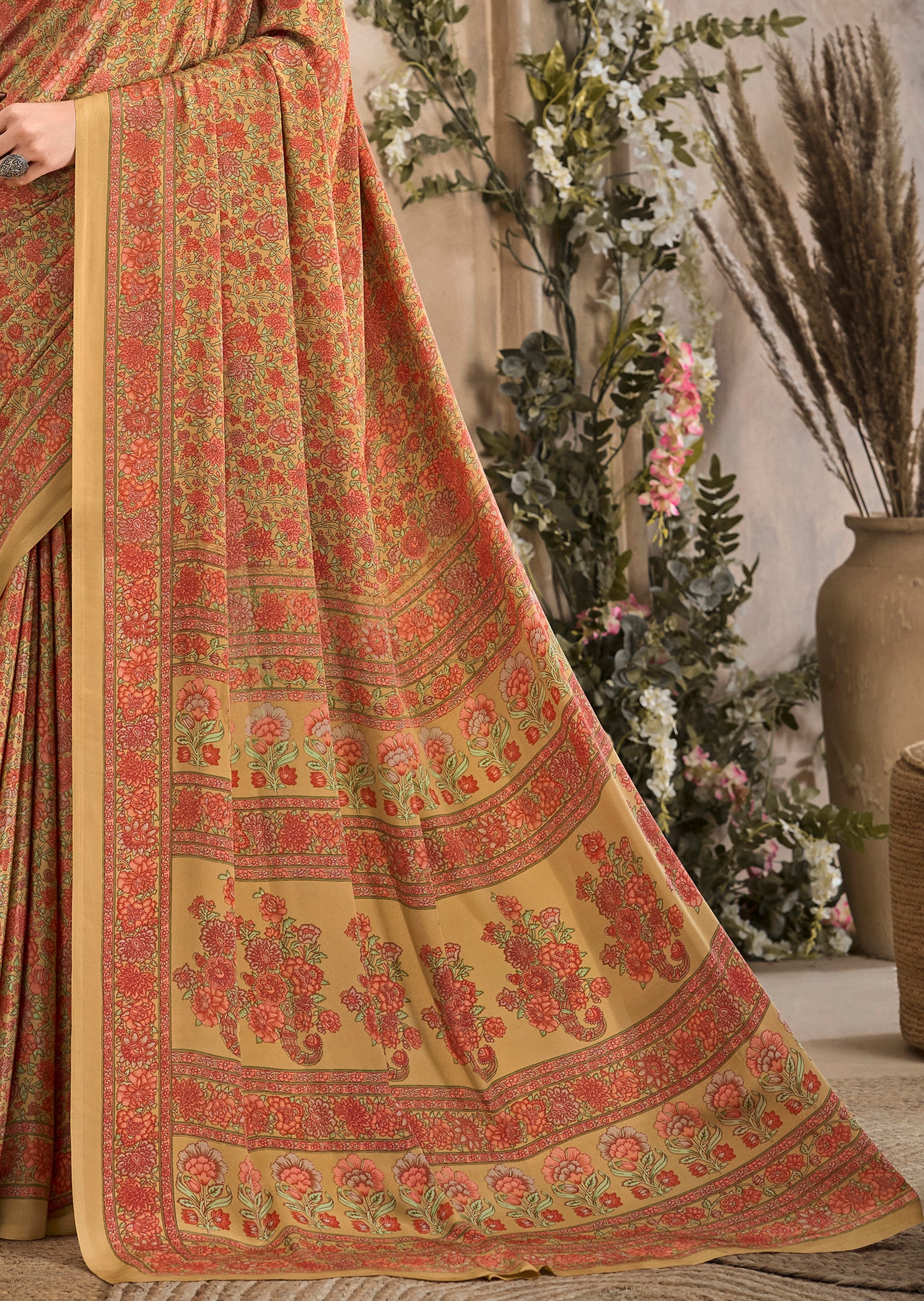 Multi-Coloured Flower Print Pure Italian Crape Saree (Mustard)