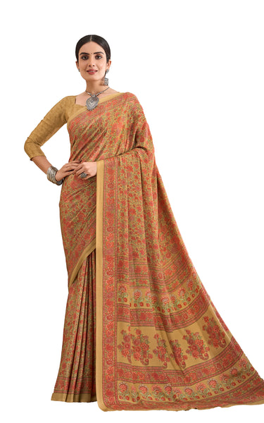 Flower Multi-Coloured Printed, Pure Italian Crape Saree (Mustard)