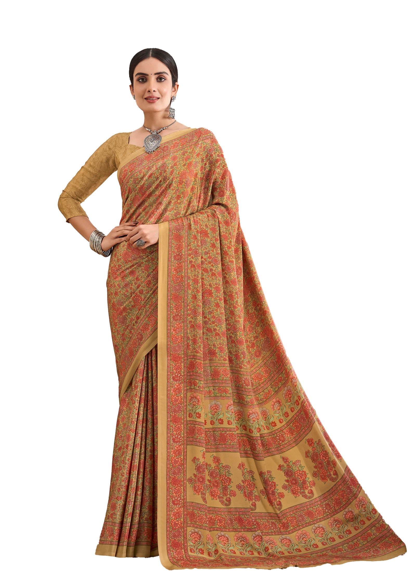 Multi-Coloured Flower Print Pure Italian Crape Saree (Mustard)