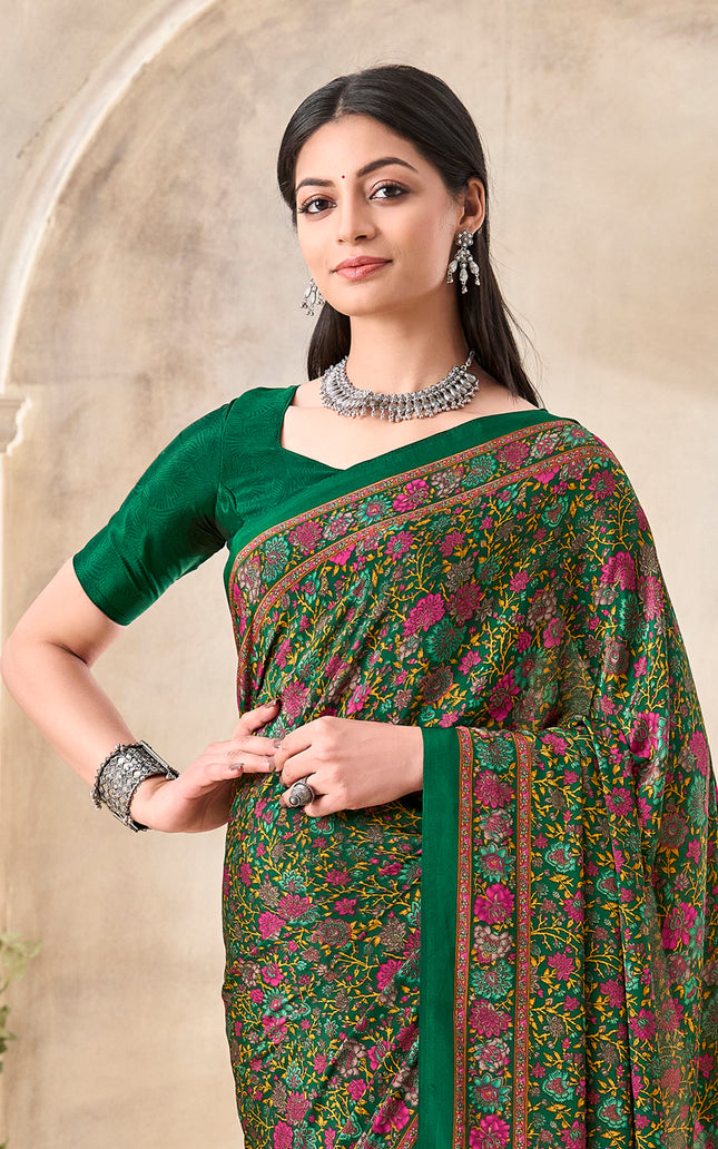 Flower Multi-Coloured Printed, Pure Italian Crape Saree (Green)