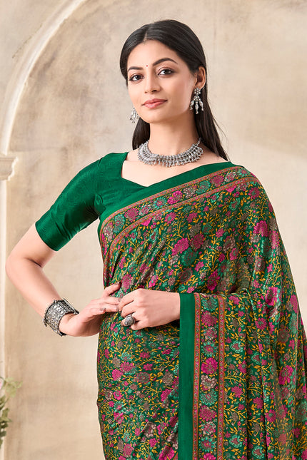 Flower Multi-Coloured Printed, Pure Italian Crape Saree (Green)