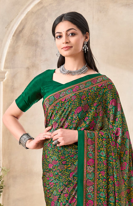 Flower Multi-Coloured Printed, Pure Italian Crape Saree (Green)