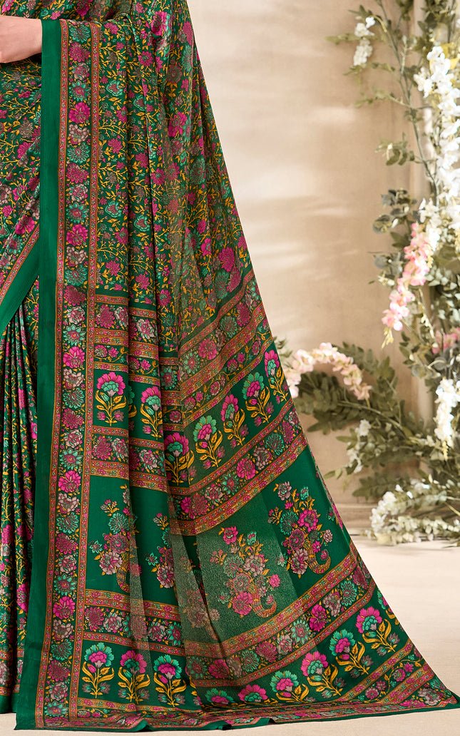 Flower Multi-Coloured Printed, Pure Italian Crape Saree (Green)