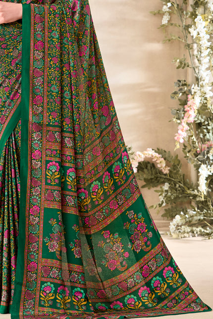 Flower Multi-Coloured Printed, Pure Italian Crape Saree (Green)