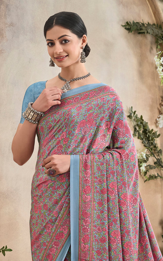 Flower Multi-Coloured Printed, Pure Italian Crape Saree (Grey)