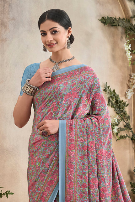 Flower Multi-Coloured Printed, Pure Italian Crape Saree (Grey)