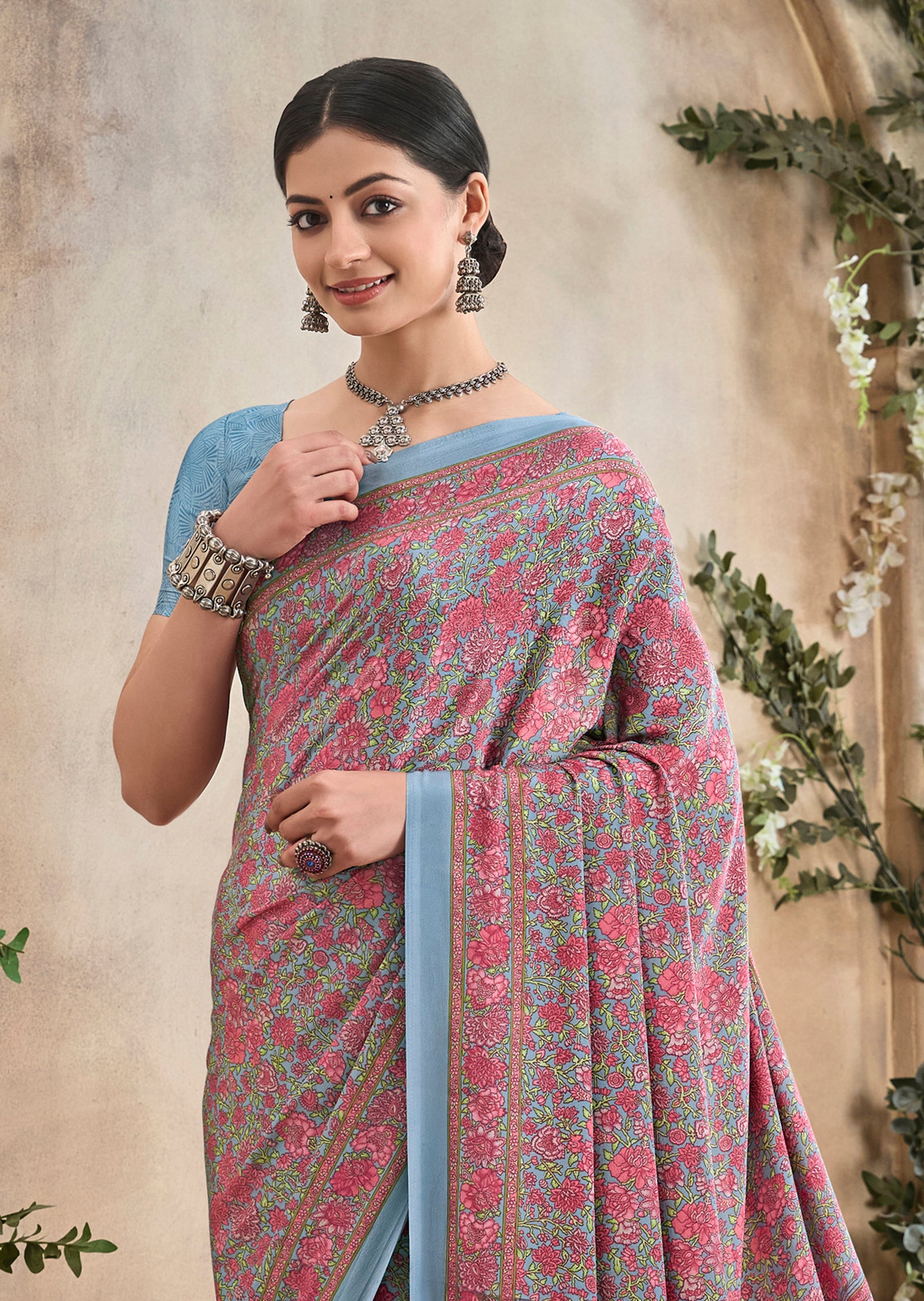 Flower Multi-Coloured Printed, Pure Italian Crape Saree (Sky Blue)