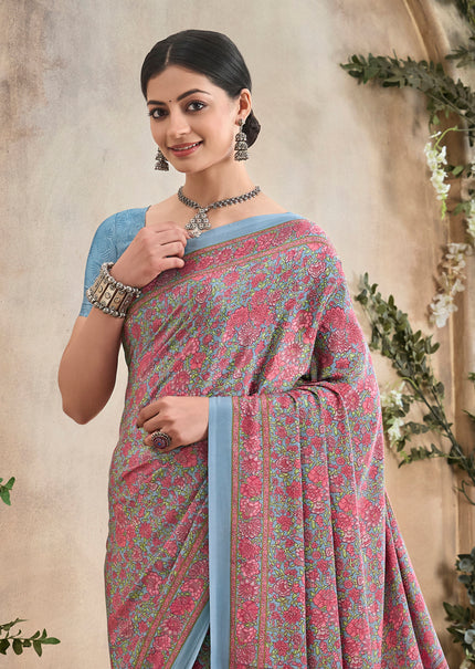 Flower Multi-Coloured Printed, Pure Italian Crape Saree (Grey)