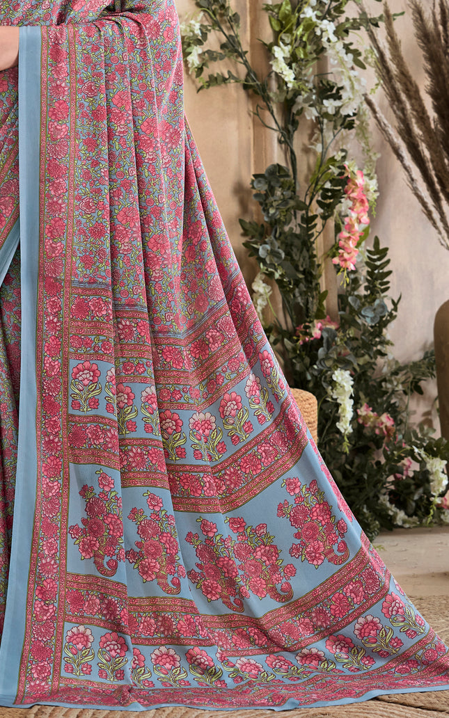 Flower Multi-Coloured Printed, Pure Italian Crape Saree (Grey)