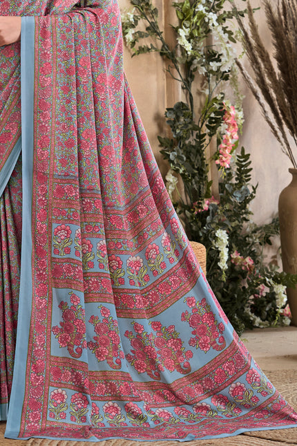 Flower Multi-Coloured Printed, Pure Italian Crape Saree (Grey)