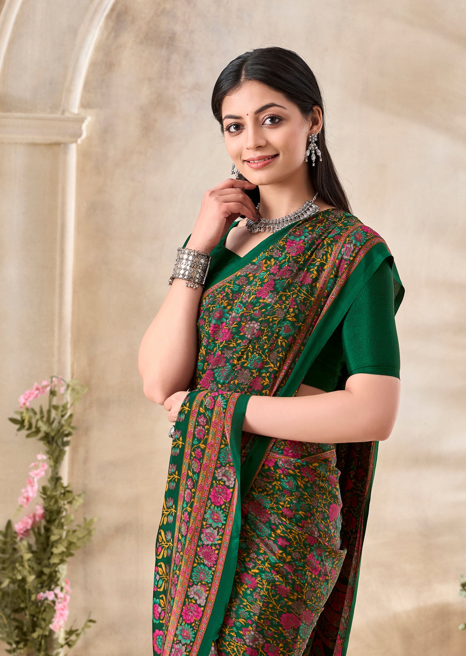 Flower Multi-Coloured Printed, Pure Italian Crape Saree (Green)
