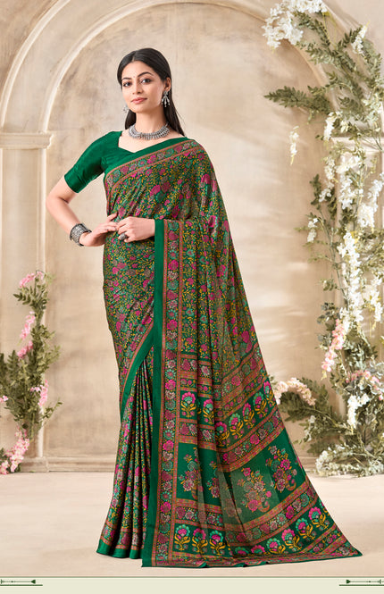 Flower Multi-Coloured Printed, Pure Italian Crape Saree (Green)