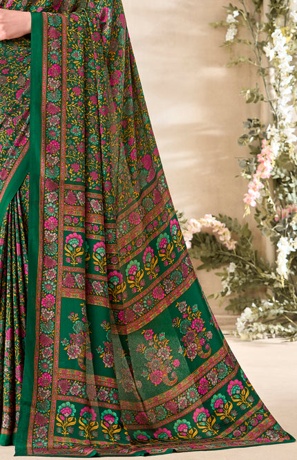 Flower Multi-Coloured Printed, Pure Italian Crape Saree (Green)