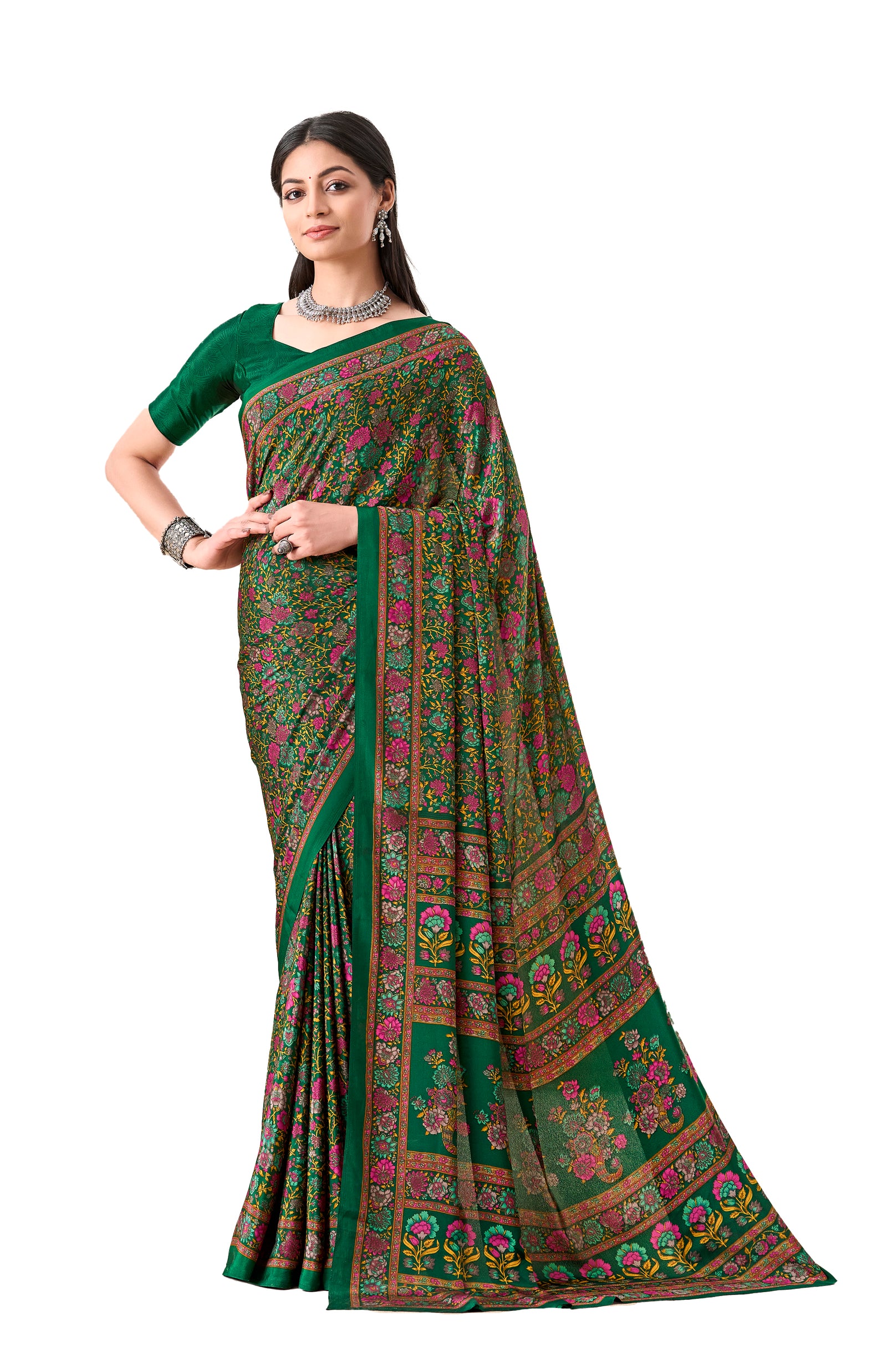 Flower Multi-Coloured Printed, Pure Italian Crape Saree (Green)
