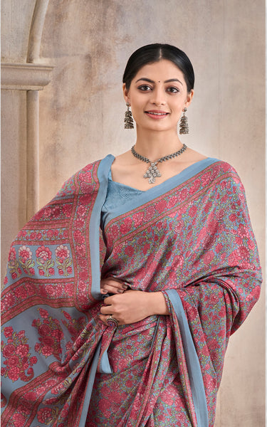 Flower Multi-Coloured Printed, Pure Italian Crape Saree (Grey, Sku Blue)