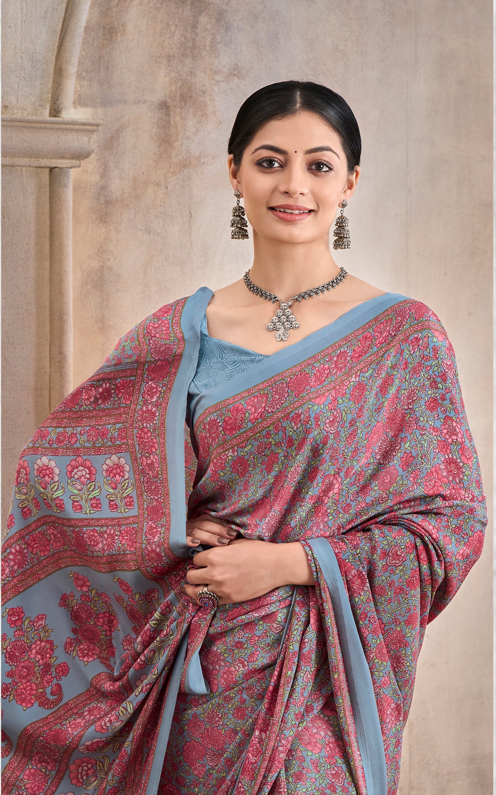 Flower Multi-Coloured Printed, Pure Italian Crape Saree (Sky Blue)