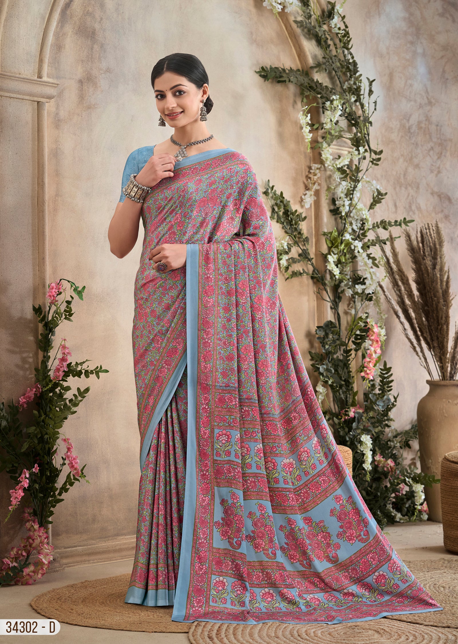 Flower Multi-Coloured Printed, Pure Italian Crape Saree (Sky Blue)