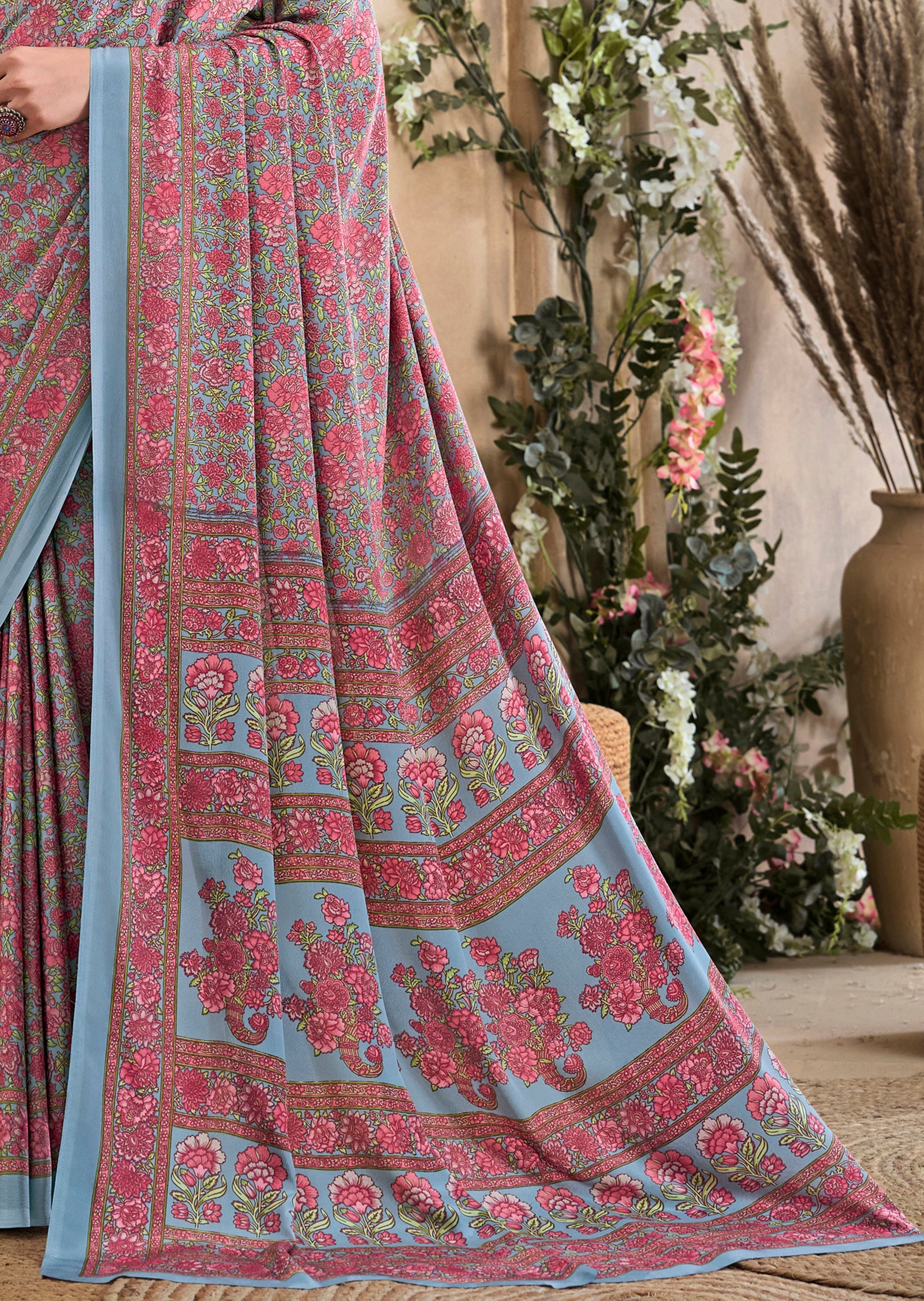Flower Multi-Coloured Printed, Pure Italian Crape Saree (Sky Blue)