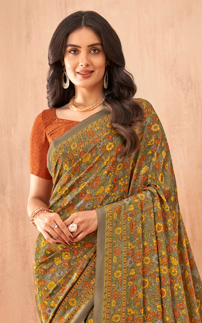 Flower Multi-Coloured Printed, Pure Italian Crape Saree (Brown)