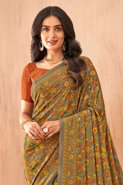 Flower Multi-Coloured Printed, Pure Italian Crape Saree (Brown)