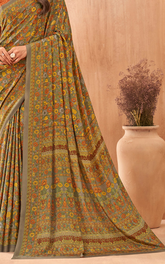 Flower Multi-Coloured Printed, Pure Italian Crape Saree (Brown)