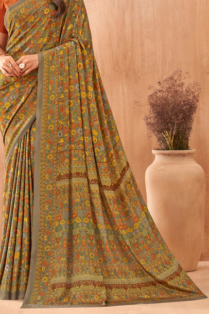 Flower Multi-Coloured Printed, Pure Italian Crape Saree (Brown)