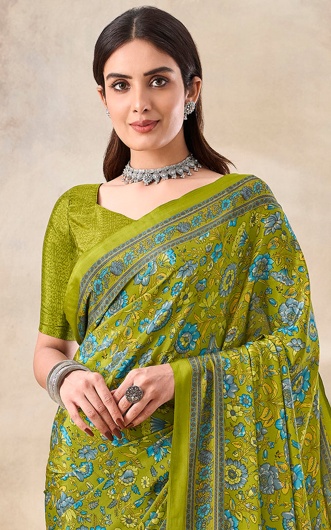 Flower Multi-Coloured Printed, Pure Italian Crape Saree (Mint Green)