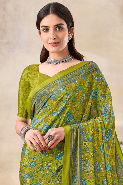 Flower Multi-Coloured Printed, Pure Italian Crape Saree (Mint Green)