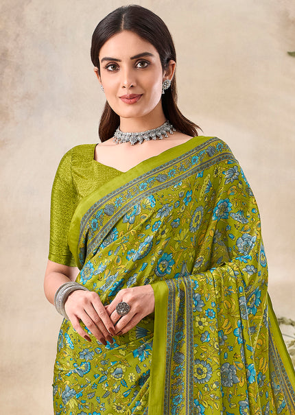 Flower Multi-Coloured Printed, Pure Italian Crape Saree (Mint Green)