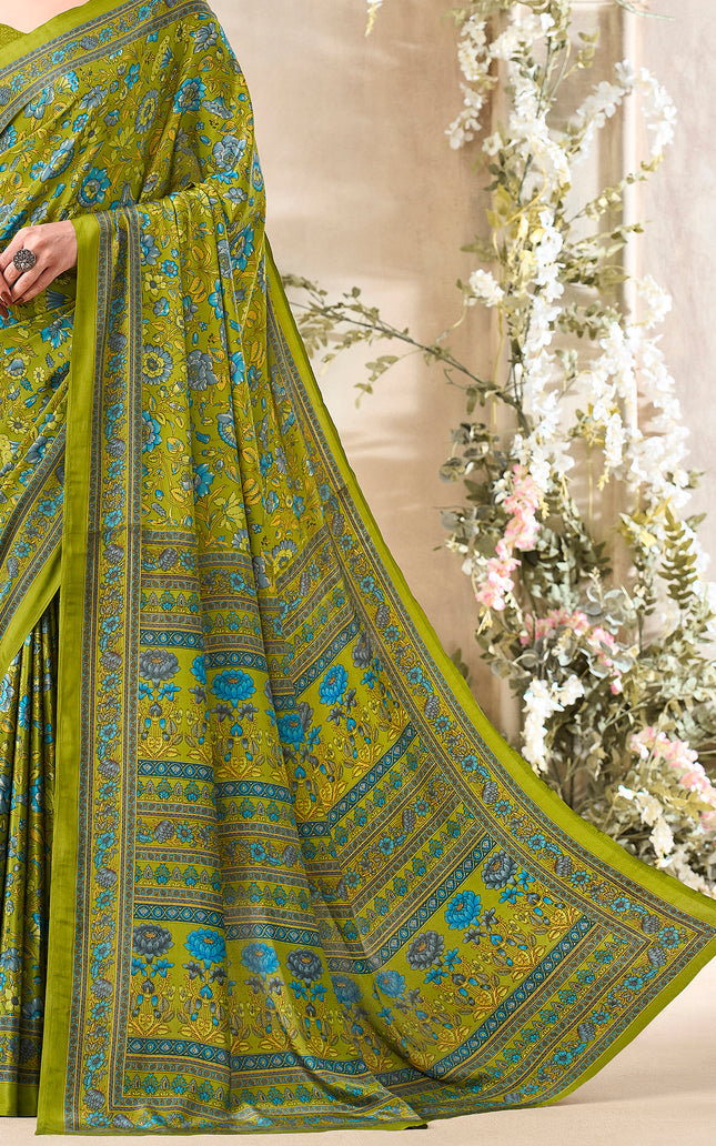 Flower Multi-Coloured Printed, Pure Italian Crape Saree (Mint Green)