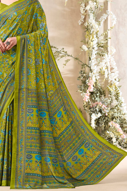 Flower Multi-Coloured Printed, Pure Italian Crape Saree (Mint Green)