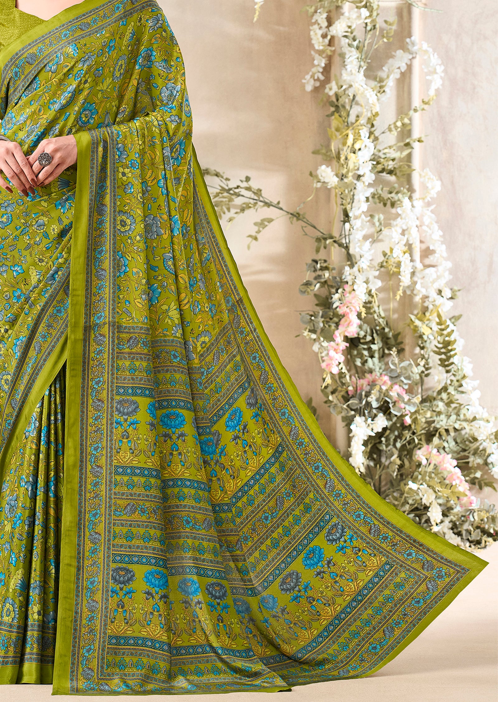 Flower Multi-Coloured Printed, Pure Italian Crape Saree (Mint Green)